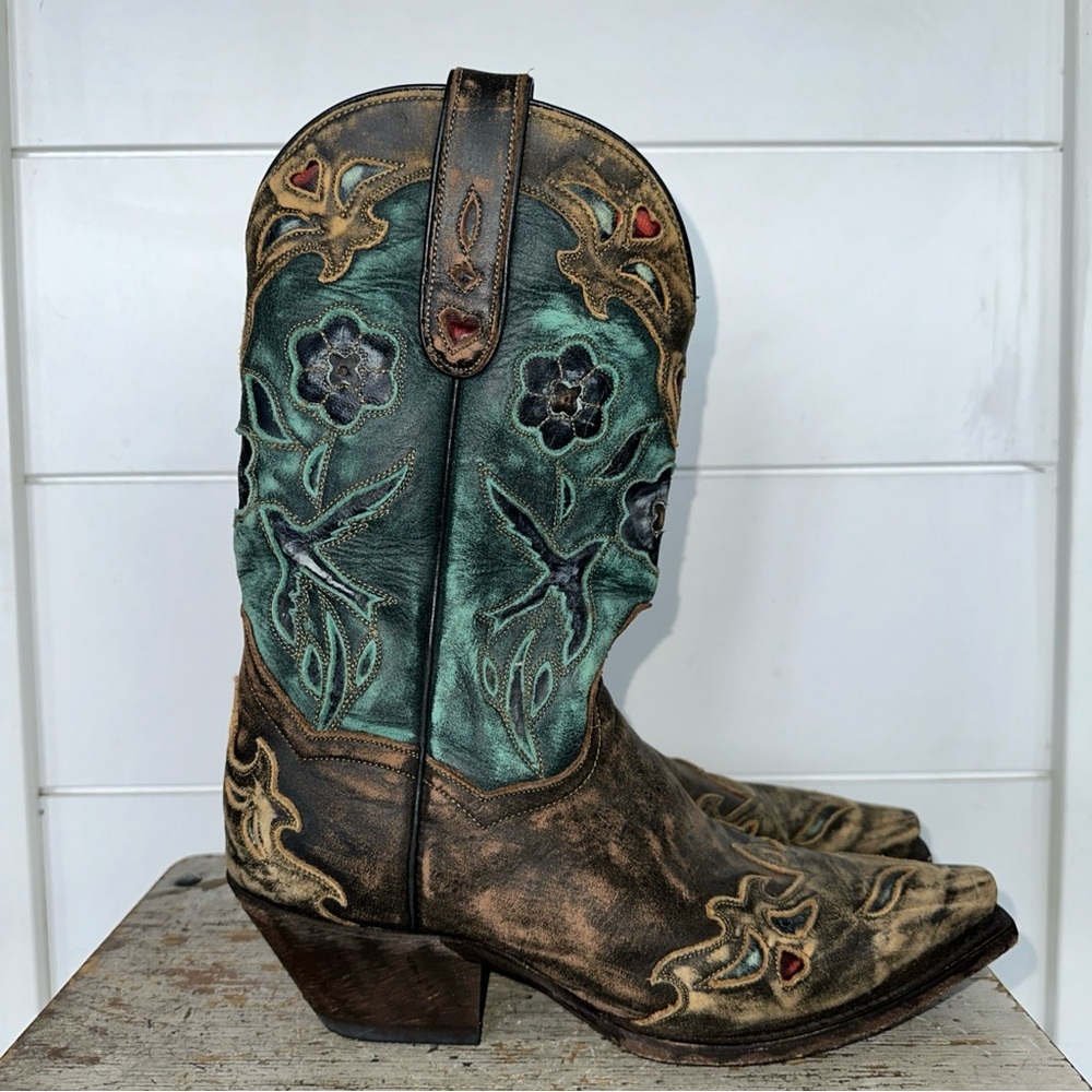 Dan Post Miss Kate Distressed Brown Teal Blue bird  Wing Tip Cowboy Boots Sz 7 - Picture 2 of 7
